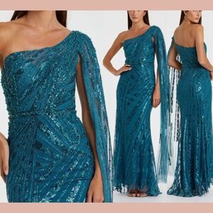 NWT Mac Duggal [ 4 ] 20528 One Shoulder Cape‎ Sleeve Embellished Gown Blue J1911
